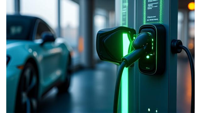 Elektromobilių įkrovimo stotelė prie moderno ofiso pastato