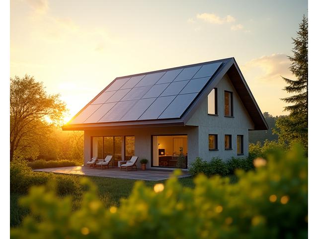 Saulės elektrinės ant namo stogo, simbolizuojančios žaliąjį finansavimą ir energijos taupymą
